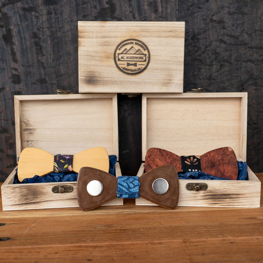 AC Woodwork handmade wooden keepsake boxes with logo and bowties for presentation; box upgrade sold separately