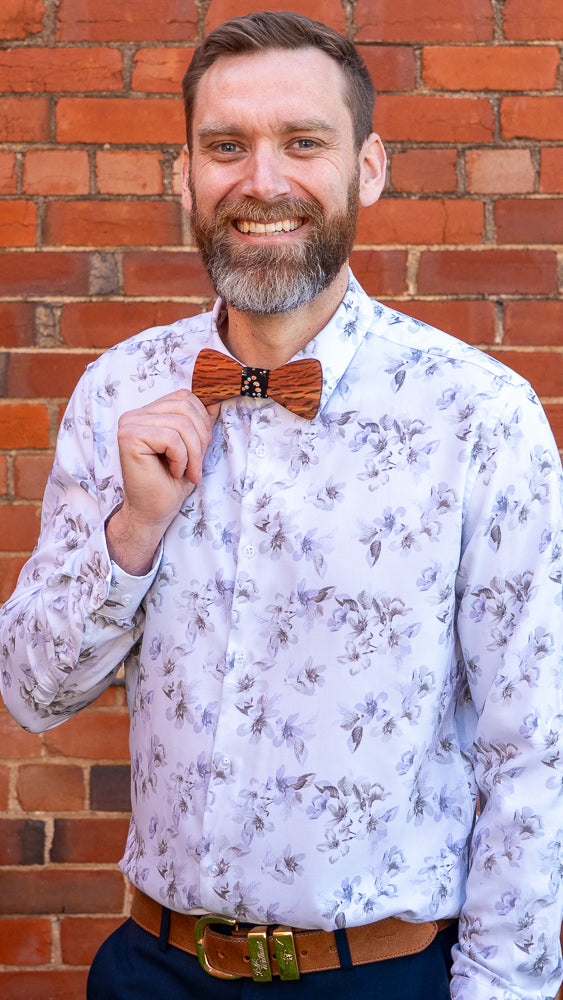 Ash wearing his handmade magnetic Australian hardwood bowtie