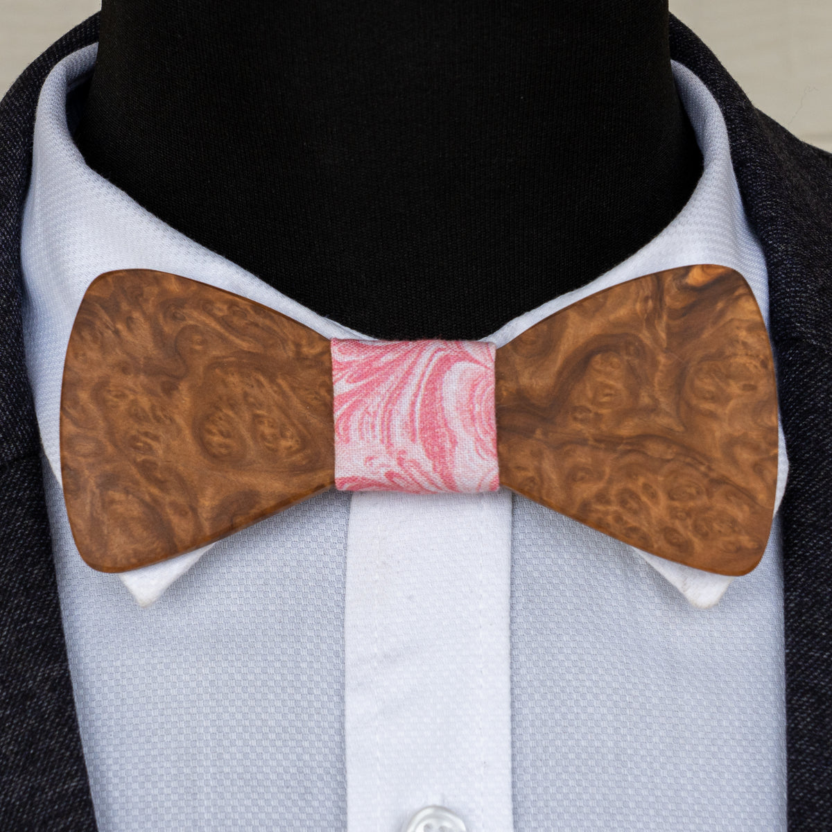 Brown Mallee Burl magnetic wooden bowtie with pink swirl centre - view 2