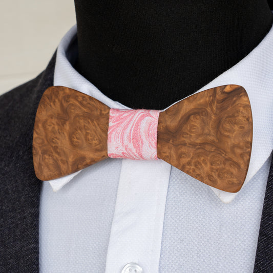 Brown Mallee Burl magnetic wooden bowtie with pink swirl centre - view 1