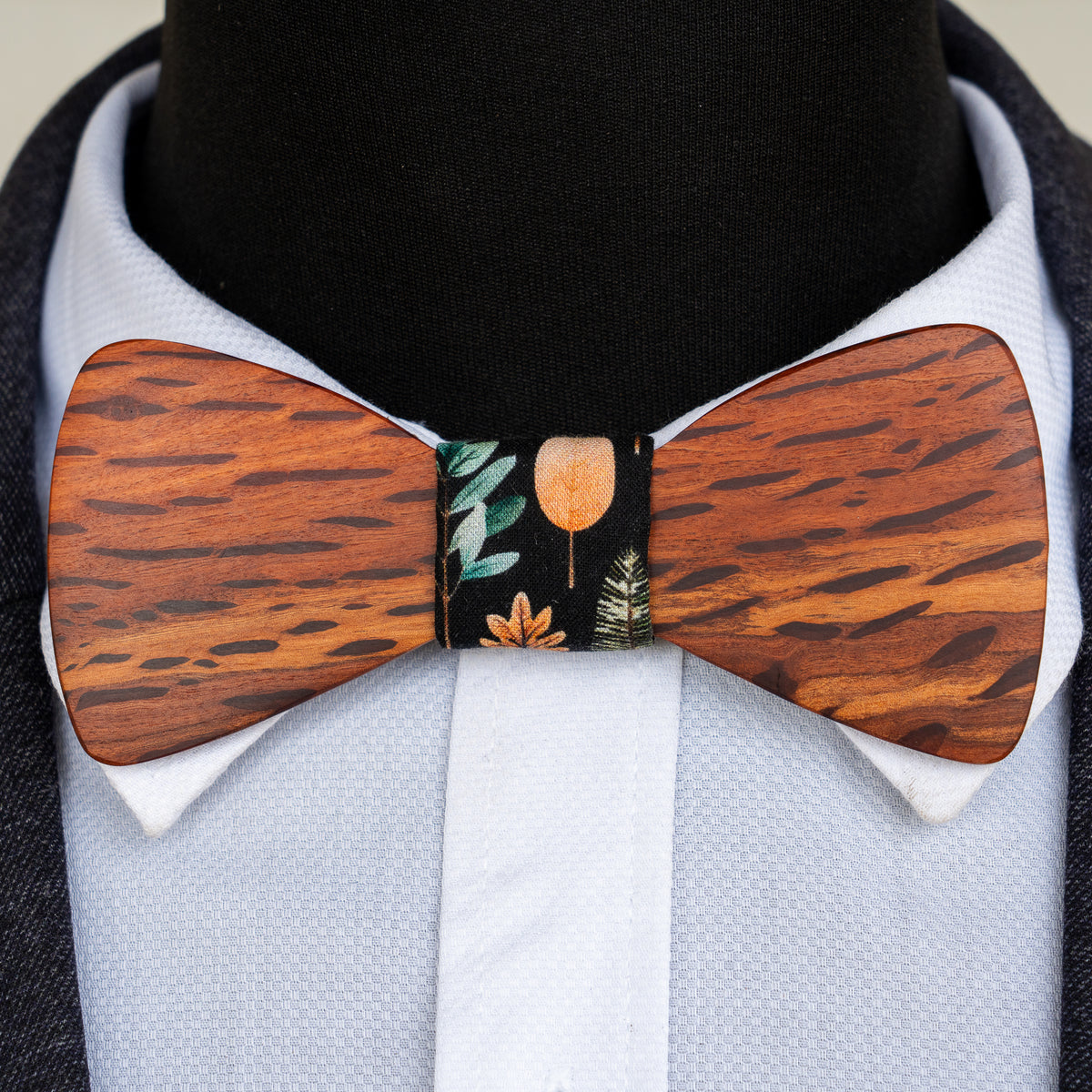Hairy Oak magnetic wooden bowtie with black botanical centre - view 1