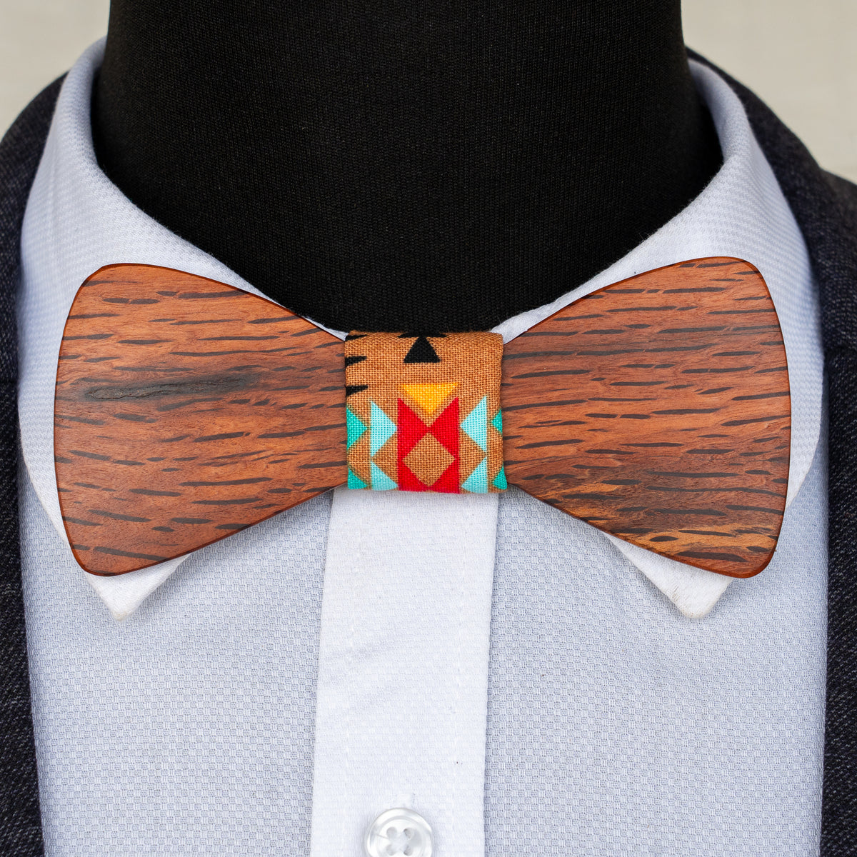 Hairy Oak magnetic wooden bowtie with colourful geometric centre - view 1