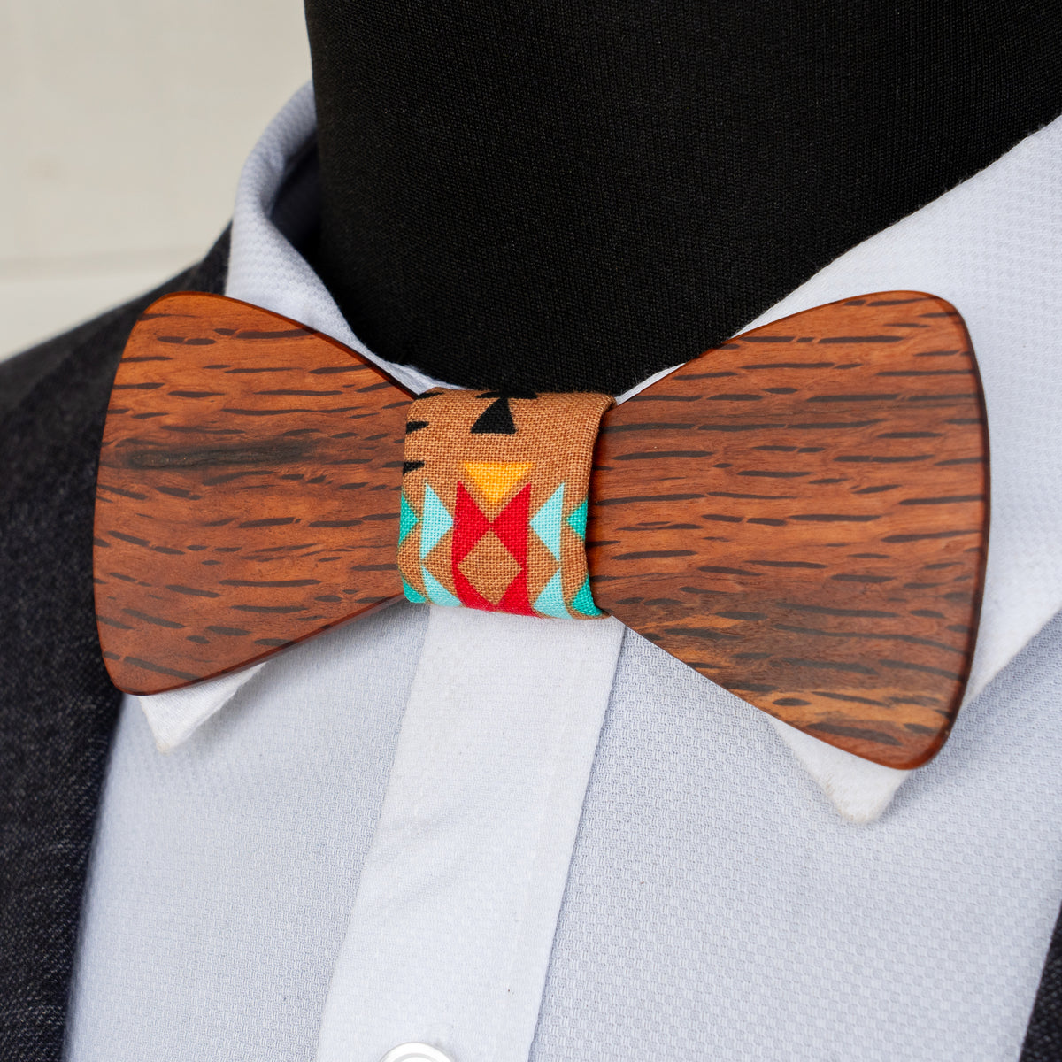 Hairy Oak magnetic wooden bowtie with colourful geometric centre - view 2