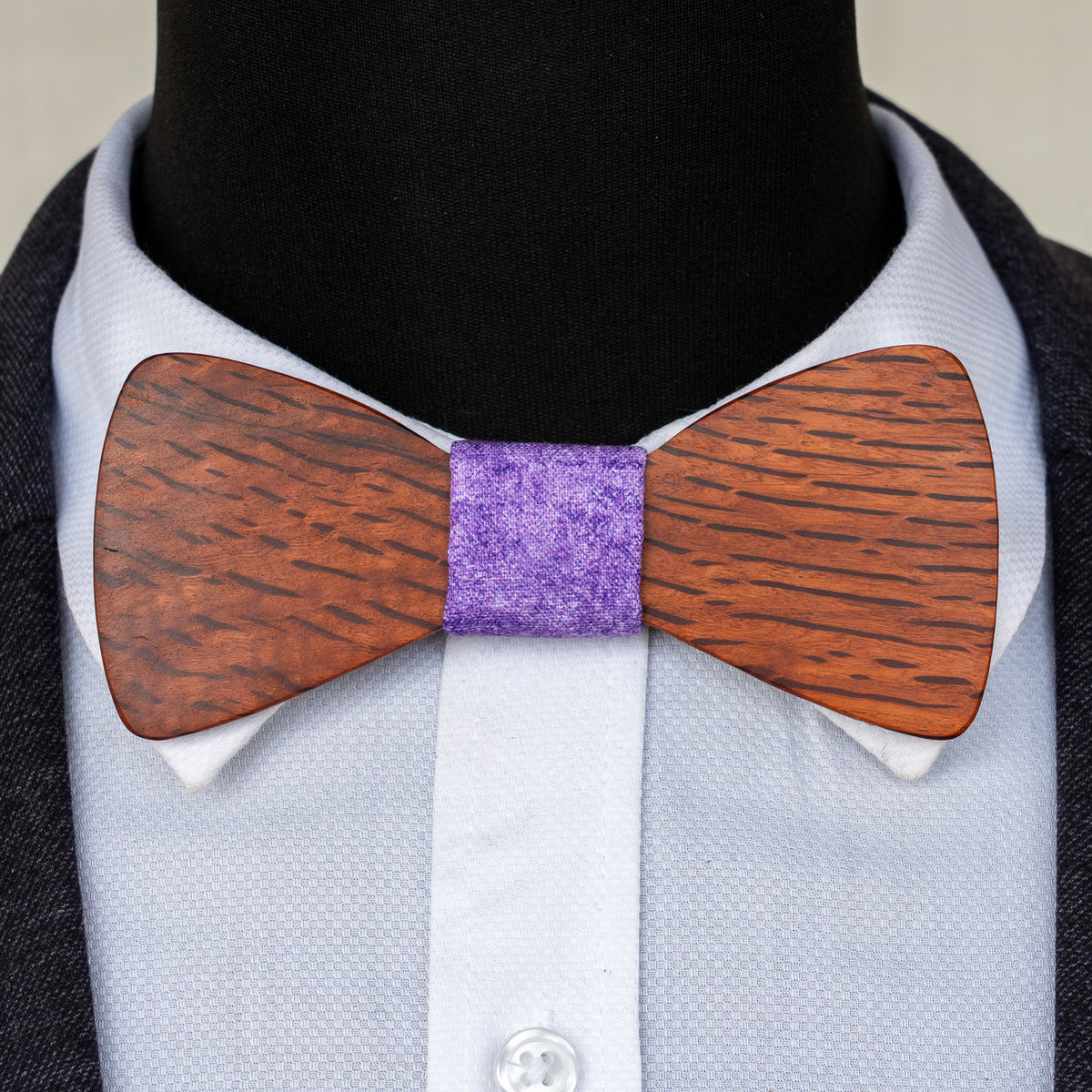 Hairy Oak magnetic wooden bowtie with purple centre - view 2
