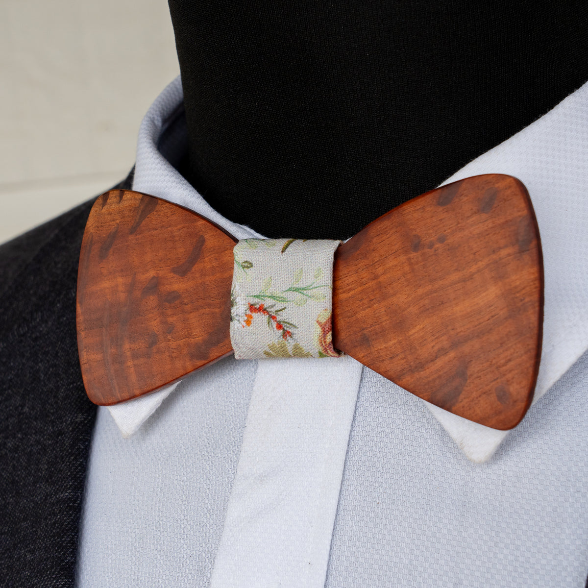 Hairy Oak magnetic wooden bowtie with botanical sprig centre - view 2