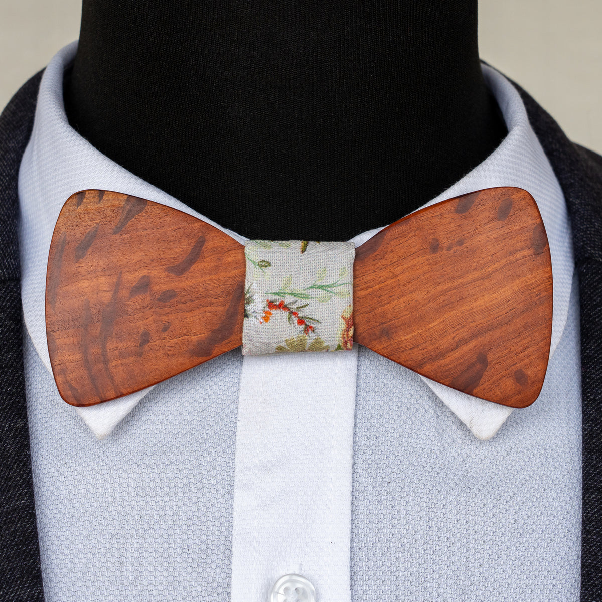 Hairy Oak magnetic wooden bowtie with botanical sprig centre - view 3