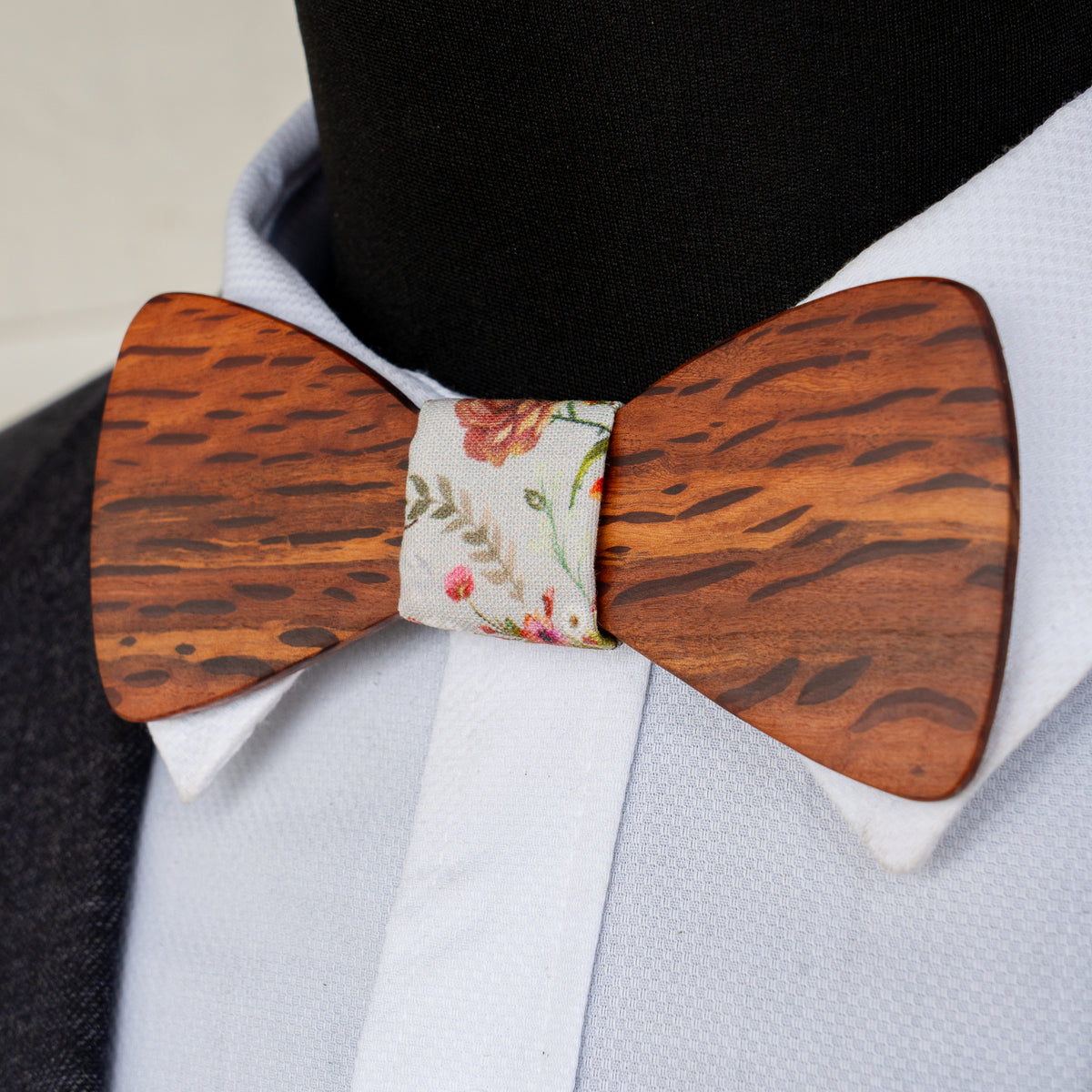 Hairy Oak magnetic wooden bowtie with vintage floral centre - view 2