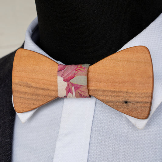 Myrtle magnetic wooden bowtie with pink floral centre - view 1