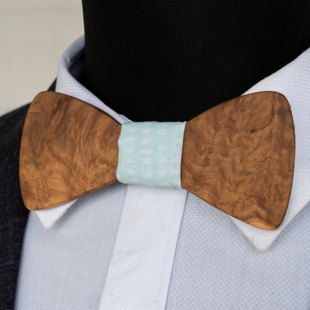Handmade Brown Mallee Burl magnetic wooden bowtie with pale blue centre, view 1