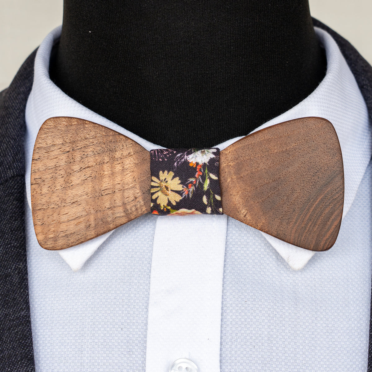 Mystery Timber magnetic wooden bowtie with dark floral centre - view 1