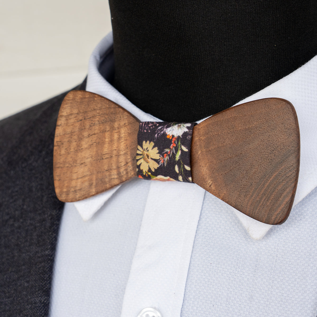 Mystery Timber magnetic wooden bowtie with dark floral centre - view 2
