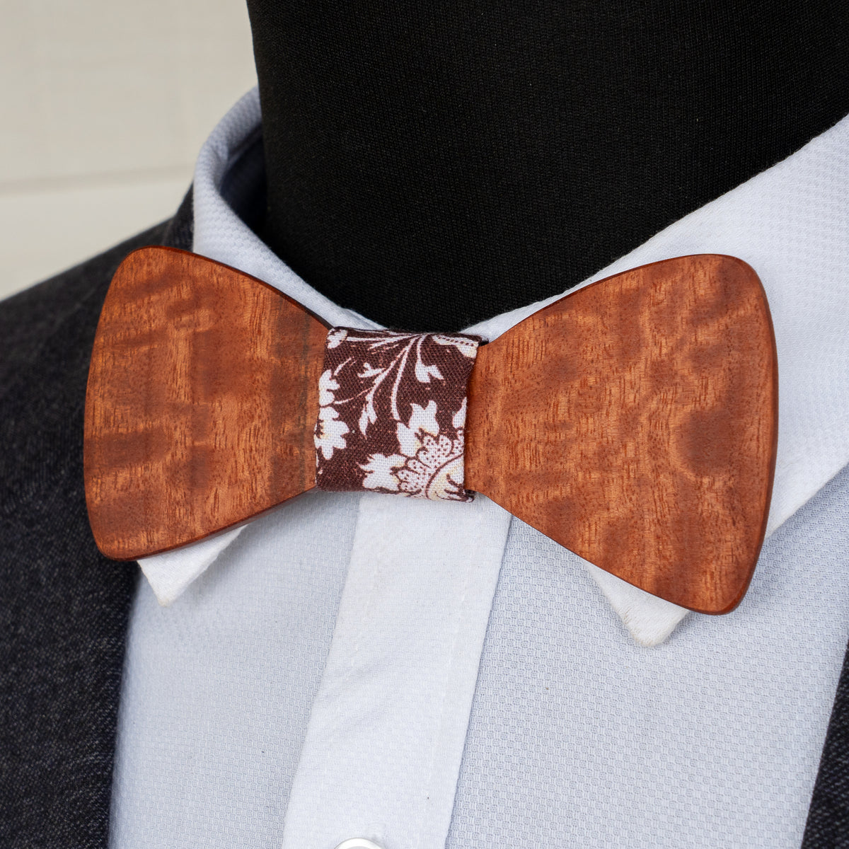 Redgum magnetic wooden bowtie with brown floral centre - view 1