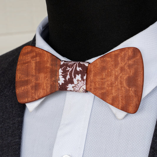 Redgum magnetic wooden bowtie with brown floral centre - view 1