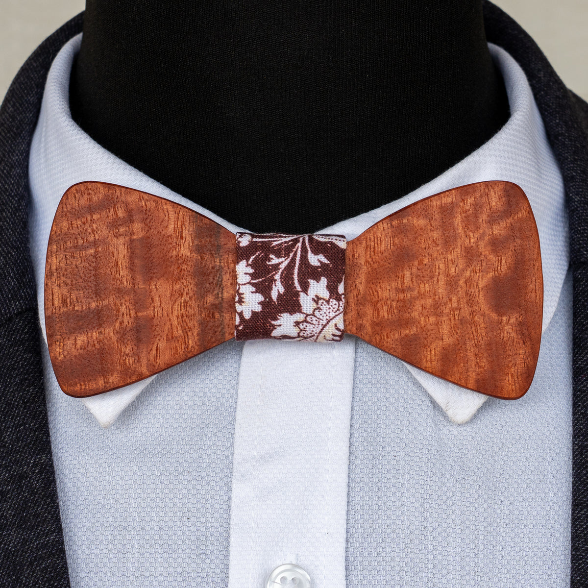Redgum magnetic wooden bowtie with brown floral centre - view 2