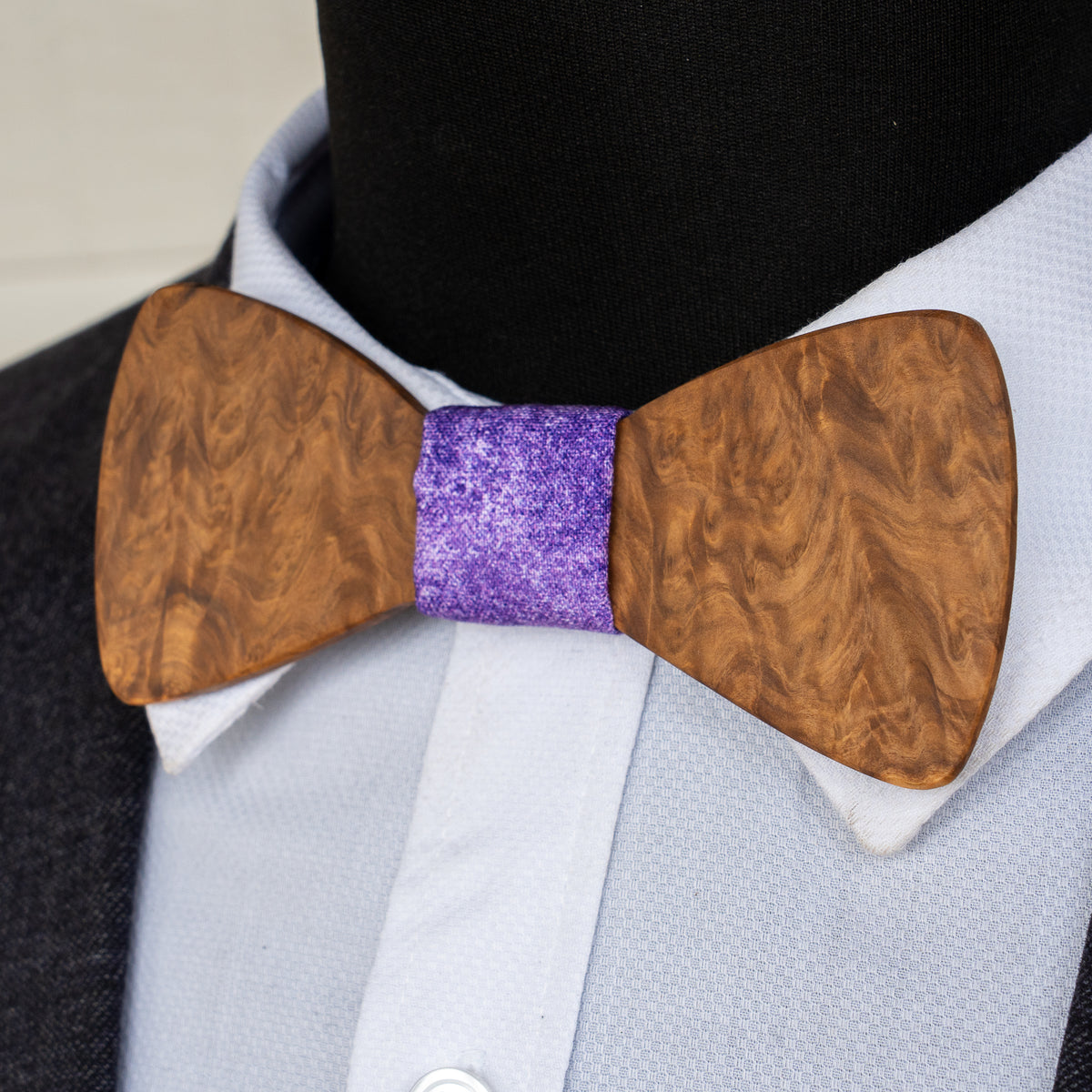 Brown Mallee Burl magnetic wooden bowtie with purple centre - view 1