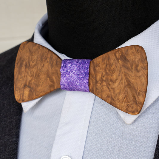 Brown Mallee Burl magnetic wooden bowtie with purple centre - view 1
