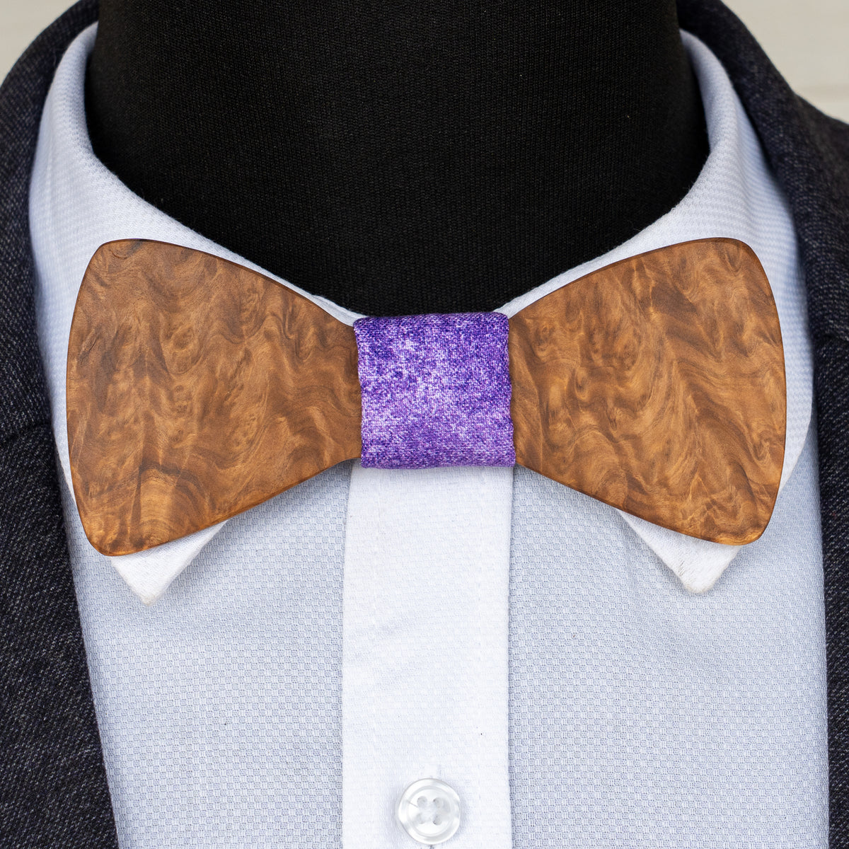 Brown Mallee Burl magnetic wooden bowtie with purple centre - view 2