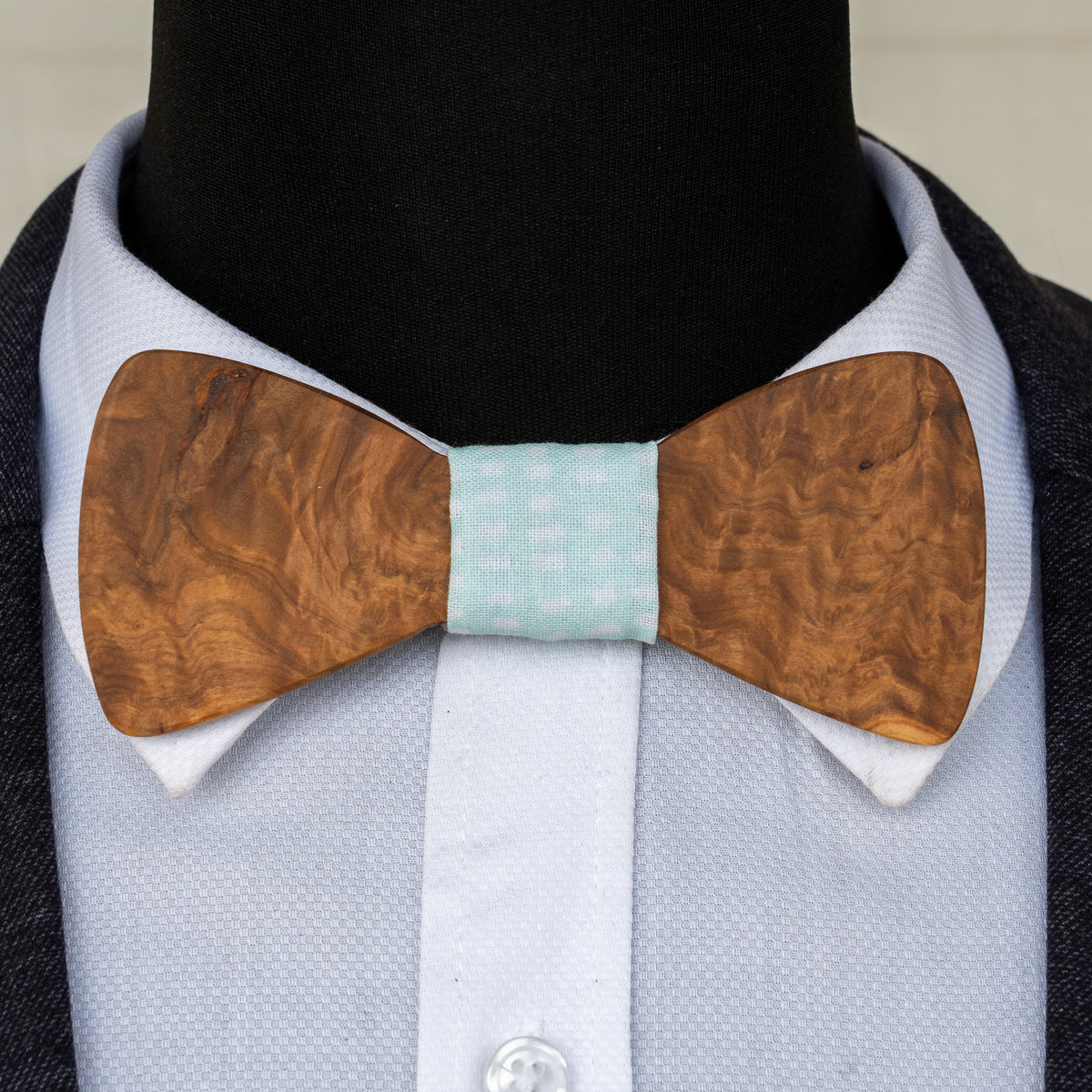 Handmade Brown Mallee Burl magnetic wooden bowtie with pale blue centre, view 2