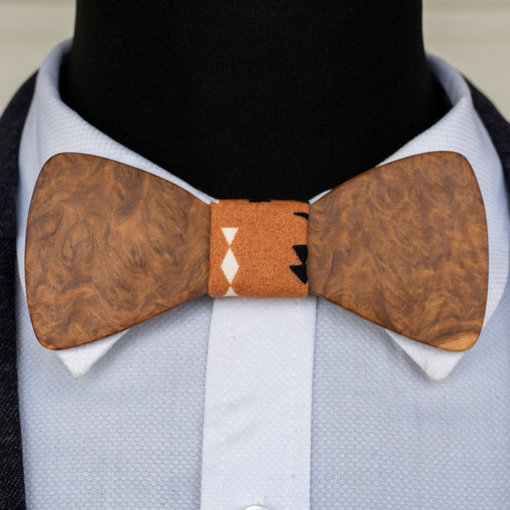 Brown Mallee Burl magnetic wooden bowtie with orange geometric centre - view 1