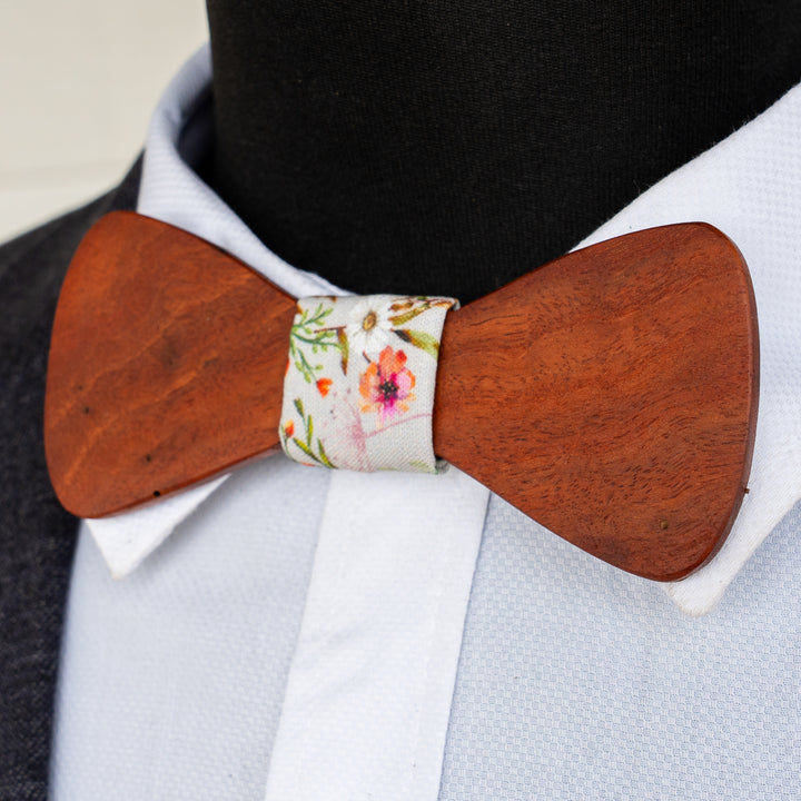 Redgum magnetic wooden bowtie with white floral centre - view 1